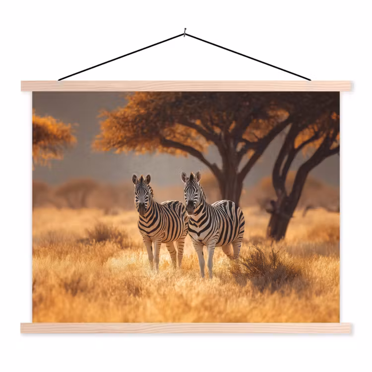 Zebra's - Savannelandschap - Gras textielposter latten blank klein -3d