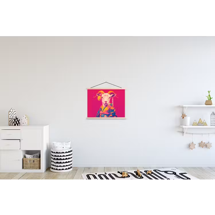 Geit - Hoorns - Kimono - Kleurrijk textielposter latten blank klein -kinderkamer