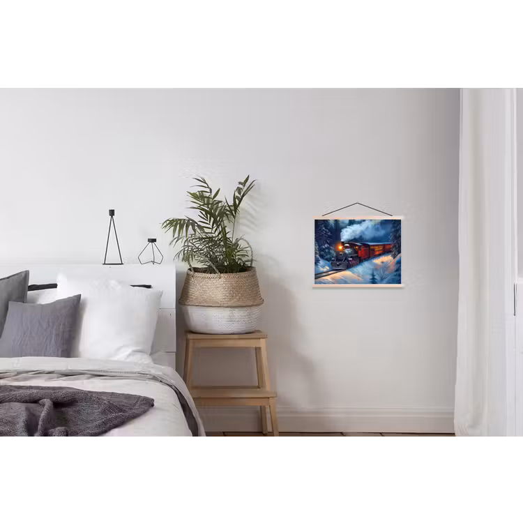 Trein - Kerst - Sneeuw - Kersttrein textielposter latten blank klein -woonkamer