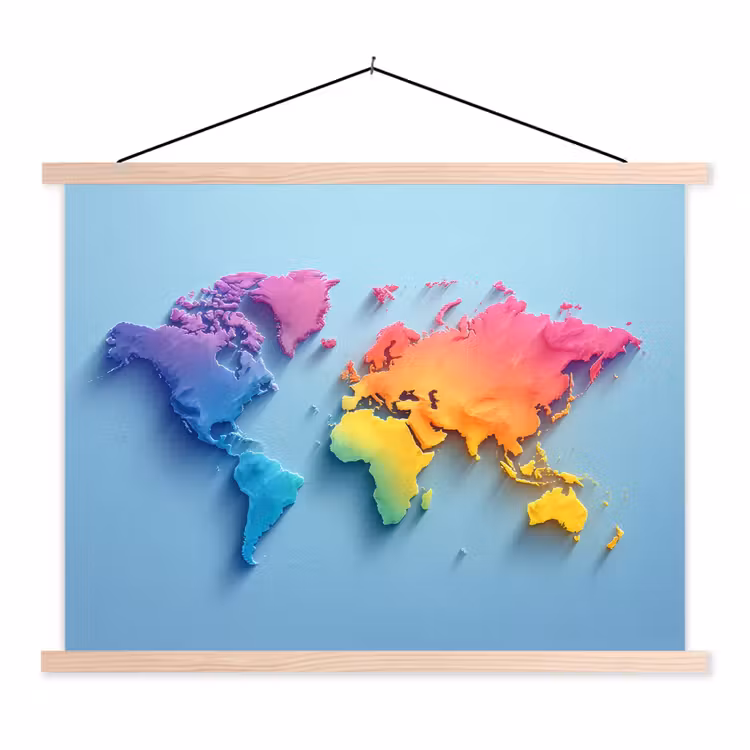 3D - Regenboog - Wereldkaart textielposter latten blank klein -3d