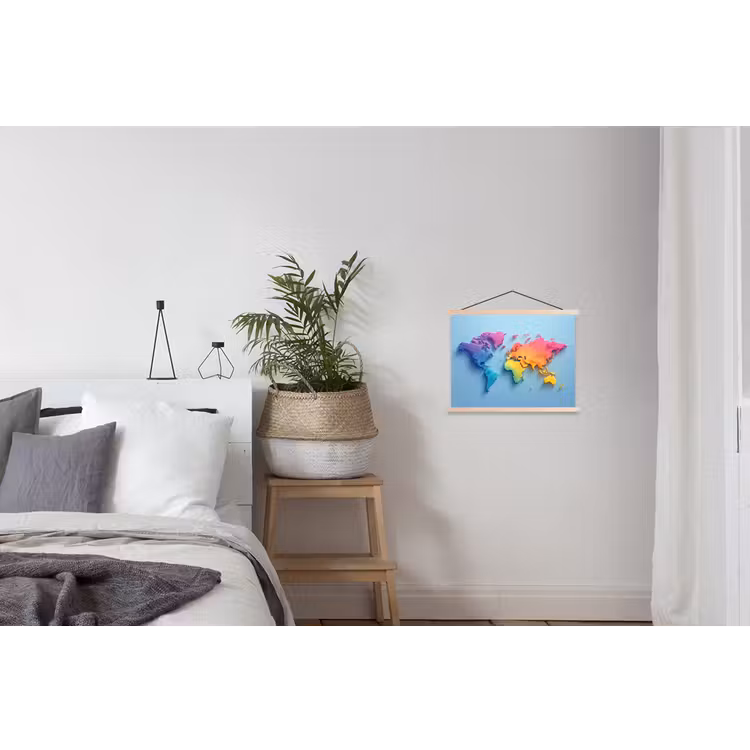 3D - Regenboog - Wereldkaart textielposter latten blank klein -woonkamer