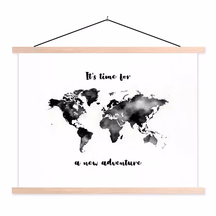 Avontuur - Quote - Wereldkaart - Zwart textielposter latten blank klein -3d