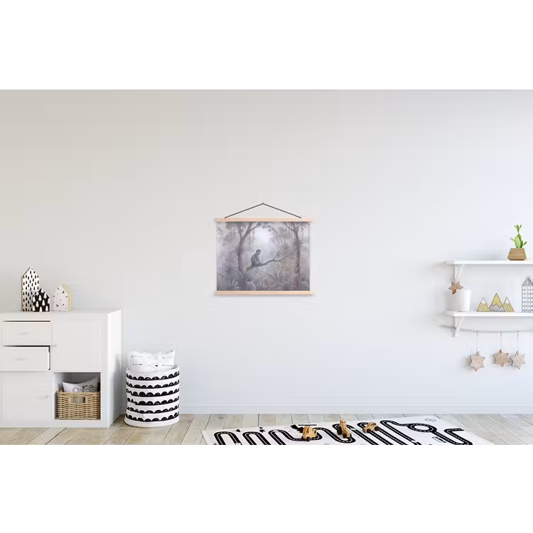 Aap - Boom - Jungle - Natuur - Grijs textielposter latten blank klein -kinderkamer