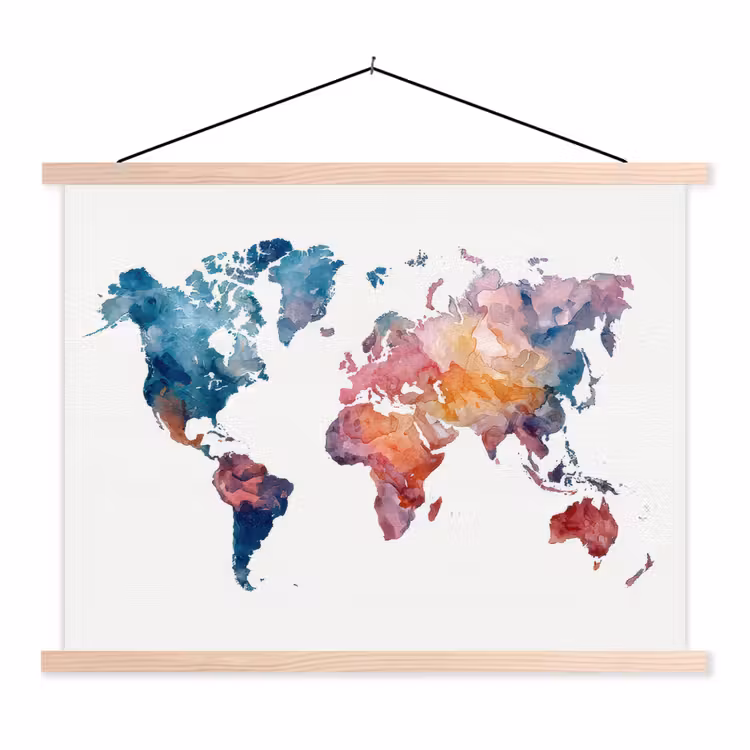 Waterverf - Blauw - Geschilderd - Wereldkaart textielposter latten blank klein -3d