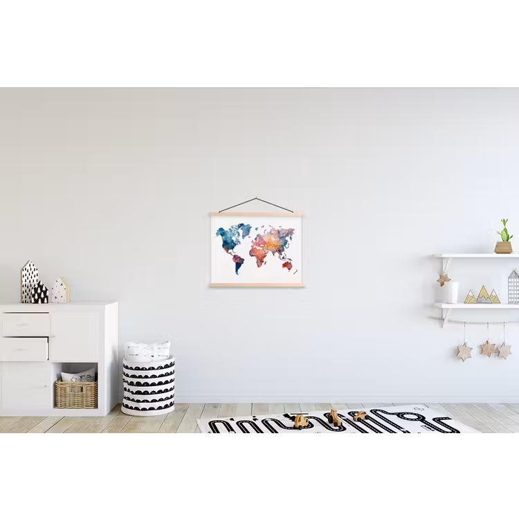 Waterverf - Blauw - Geschilderd - Wereldkaart textielposter latten blank klein -kinderkamer
