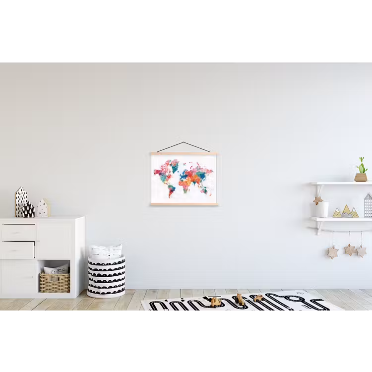 Waterverf - Wereldkaart - Kleurrijk - Continenten textielposter latten blank klein -kinderkamer