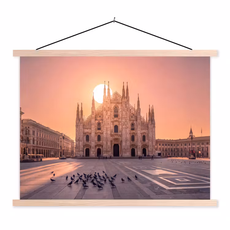 Architectuur - Milaan - Plein - Zonsopgang - Oranje textielposter latten blank klein -3d