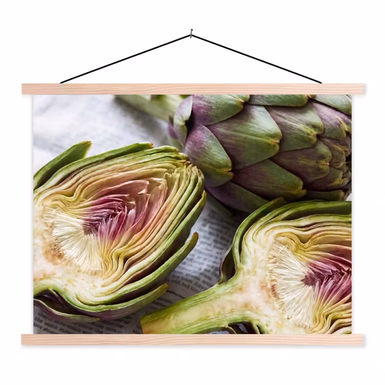 Stoffbild - Artischocke – aufgeschnitten – Essen - Artisjok - Doorgesneden - Eten textielposter latten blank klein