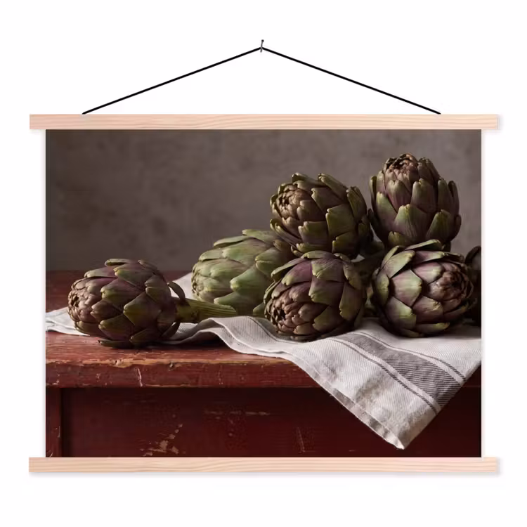 Stoffbild - Artischocke – Essen – Rustikal - Artisjok - Eten - Rustiek textielposter latten blank klein
