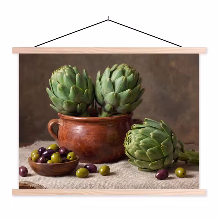 Stoffbild - Artischocken – Oliven – Essen - Artisjokken - Olijven - Eten textielposter latten blank klein
