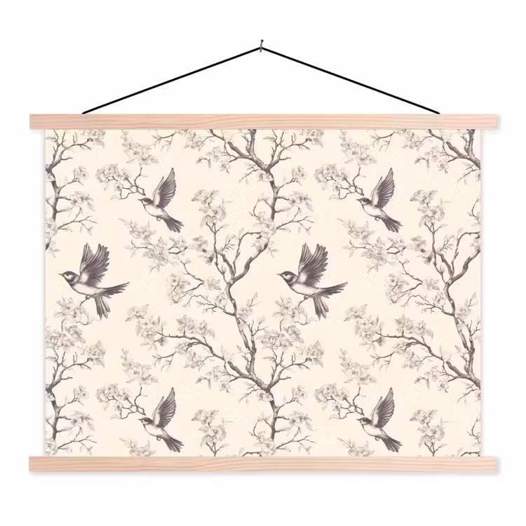 Takken - Vogels - Beige textielposter latten blank klein 122 -3d