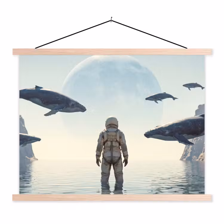 Stoffbild - Astronaut – Wal – Fantasie - Ruimtevaarder - Walvis - Fantasie textielposter latten blank klein