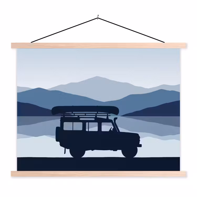 Auto - Meer - Bergen - Blauw textielposter latten blank klein -3d