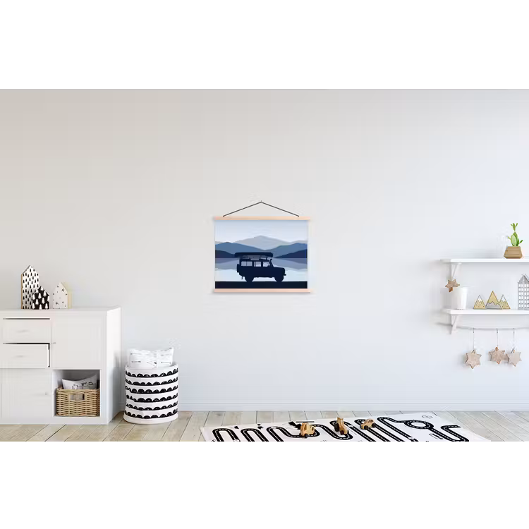 Auto - Meer - Bergen - Blauw textielposter latten blank klein -kinderkamer