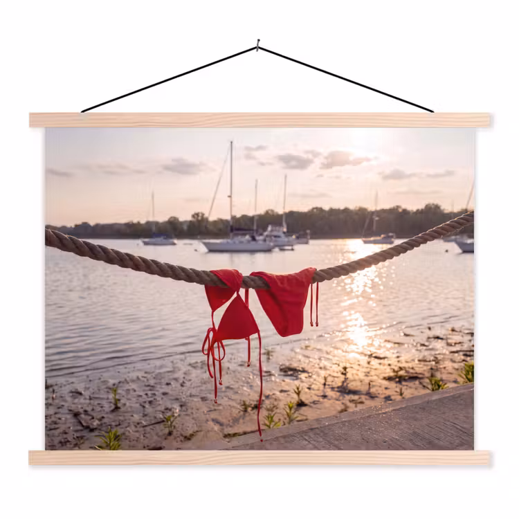 Badkleding - Rood - Zomer - Water - Zonsondergang textielposter latten blank klein -3d