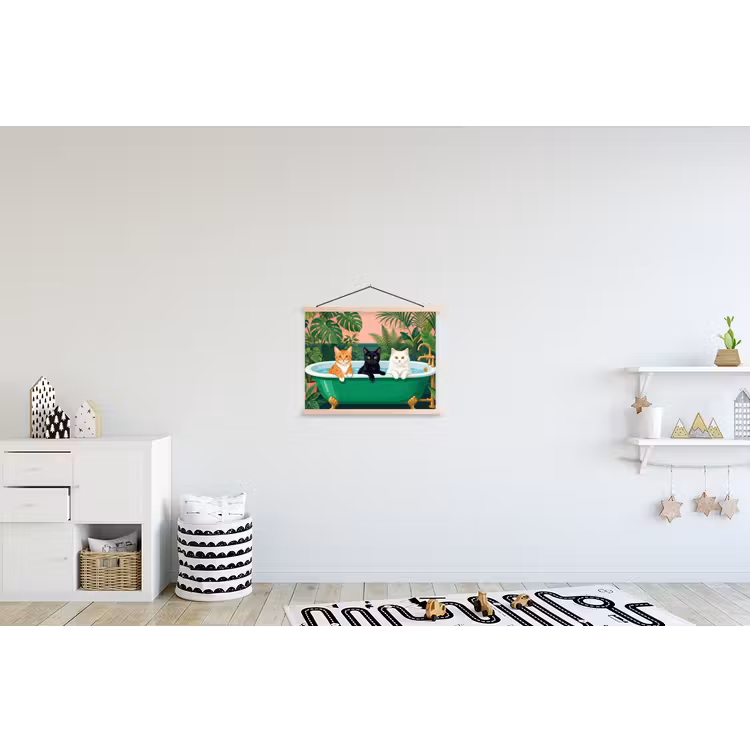 Badkamer - Kattenparade - Kleurrijk textielposter latten blank klein -kinderkamer