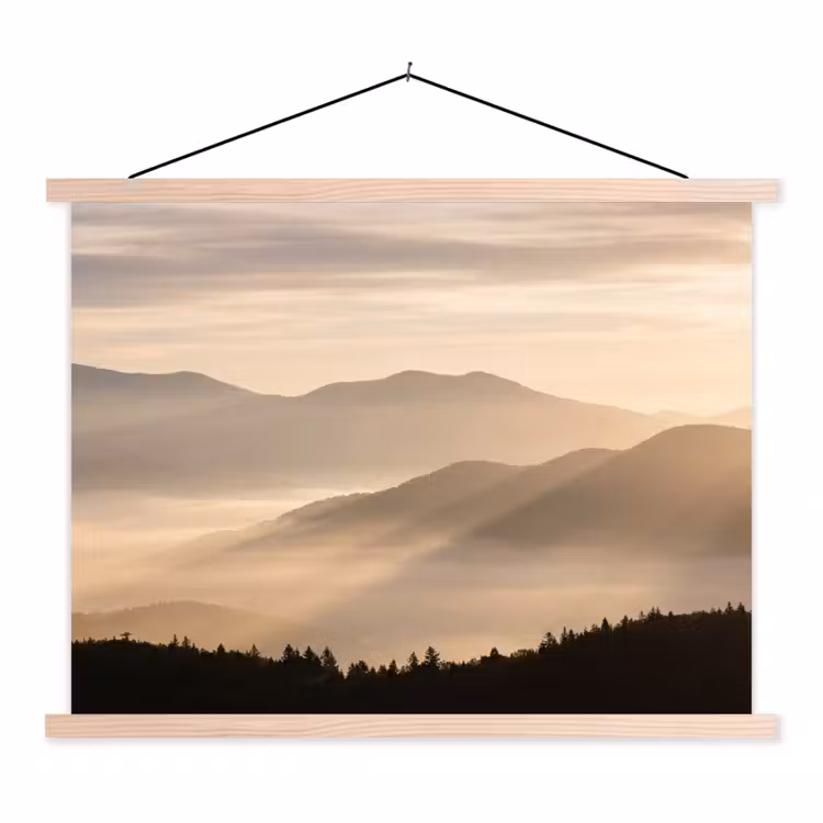 Bergen - Mist - Zonnestralen textielposter latten blank klein -3d