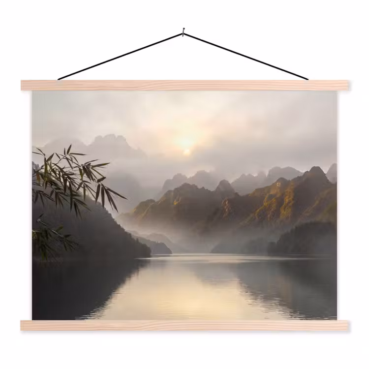 Bergen - Water - Mist - Natuur - Landschap textielposter latten blank klein -3d