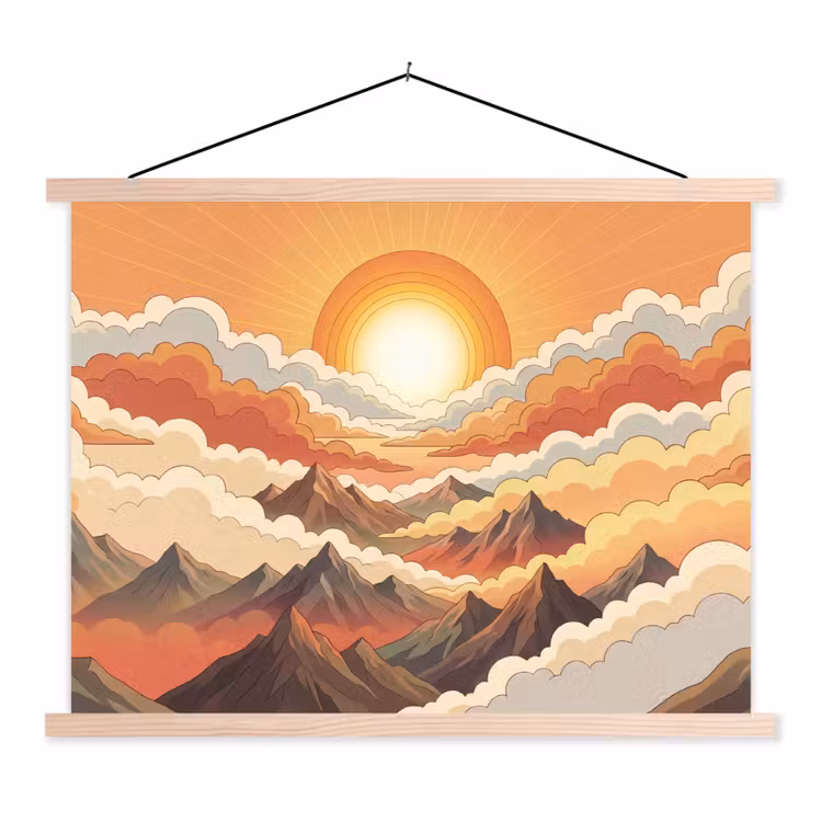 Bergen - Wolken - Natuur - Zonsopgang - Oranje textielposter latten blank klein -3d
