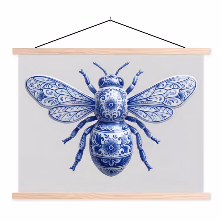 Bij - Modern - Delfts - Blauw textielposter latten blank klein -3d