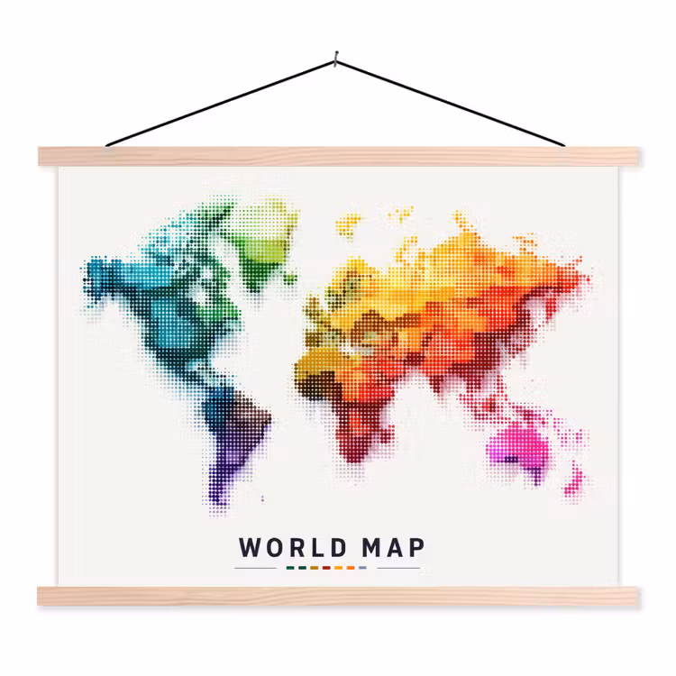Pixels - Wereldkaart - Kleurverloop textielposter latten blank klein -3d