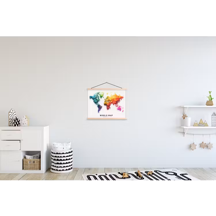 Pixels - Wereldkaart - Kleurverloop textielposter latten blank klein -kinderkamer