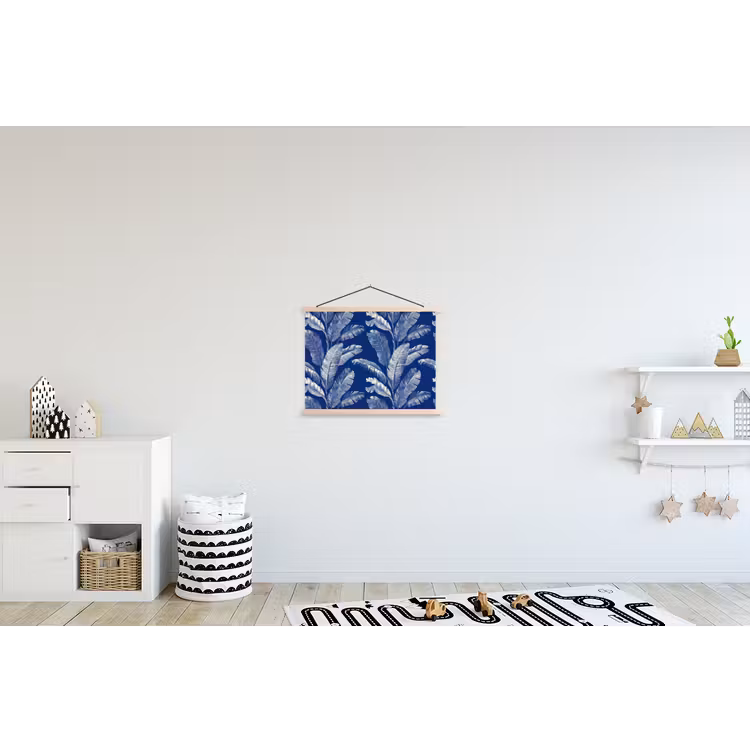 Blad - Palm - Blauw textielposter latten blank klein 122 -kinderkamer