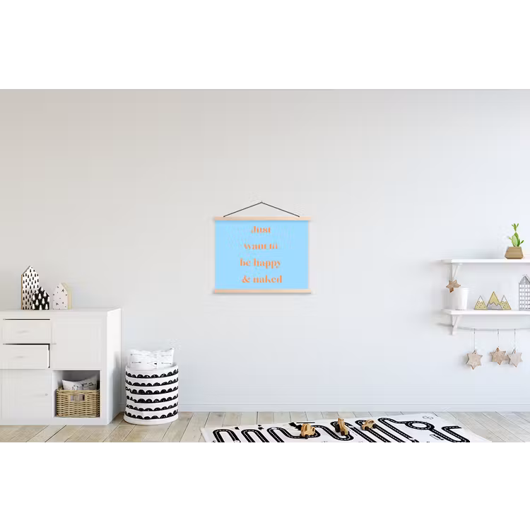 Blauw - Oranje - Just want to be happy & naked textielposter latten blank klein -kinderkamer