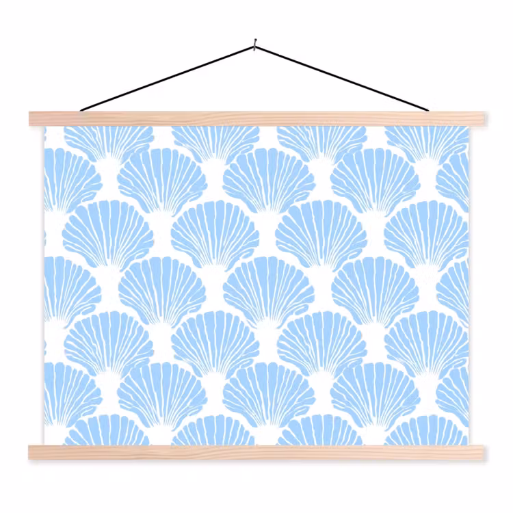 Blauw - Wit - Schelpen - Grafisch - Structuur textielposter latten blank klein 122 -3d