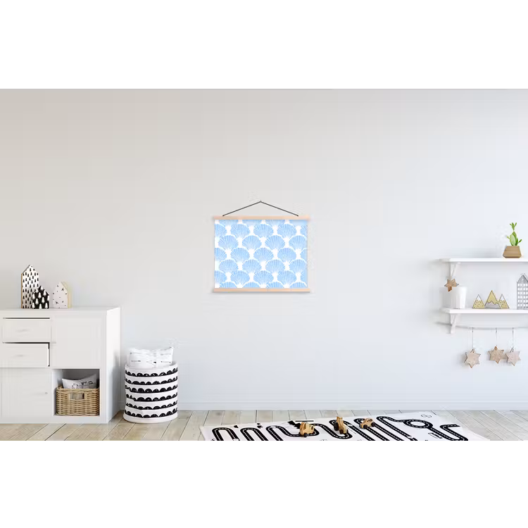 Blauw - Wit - Schelpen - Grafisch - Structuur textielposter latten blank klein 122 -kinderkamer