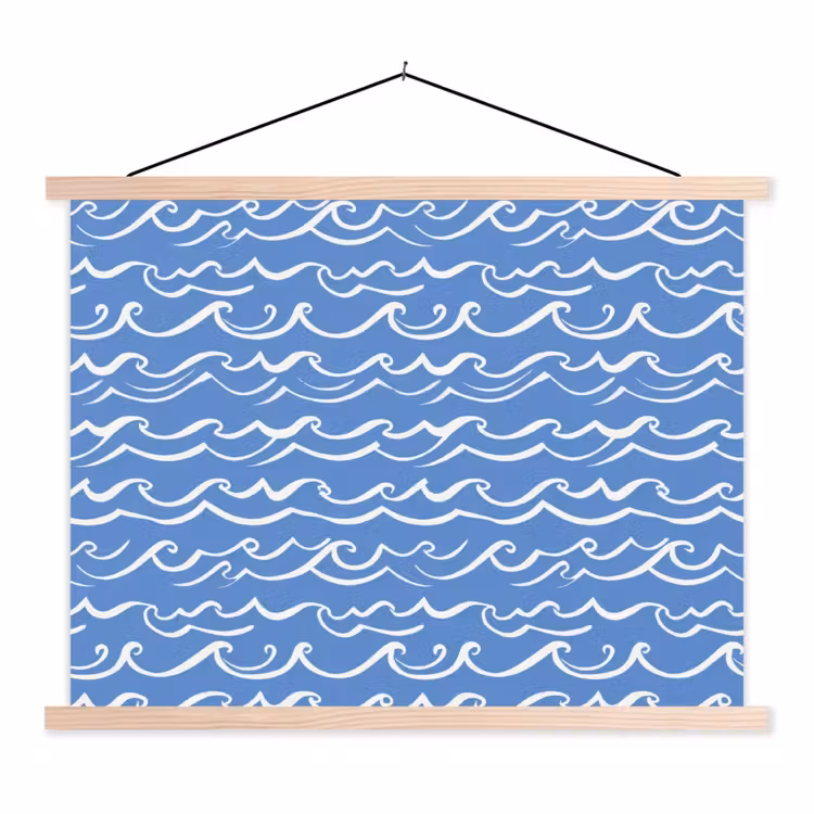 Blauw - Wit - Simpel - Getekend - Golven textielposter latten blank klein 122 -3d