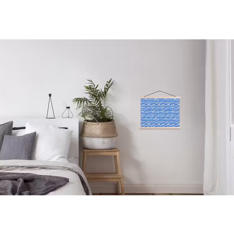 Blauw - Wit - Simpel - Getekend - Golven textielposter latten blank klein 122 -woonkamer