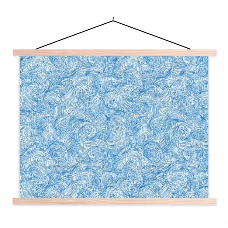Blauw - Wit - Spiraal - Golven - Lijnen textielposter latten blank klein 122 -3d