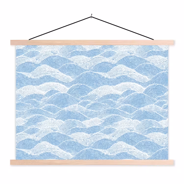 Blauw - Wit - Golven - Getekend textielposter latten blank klein 122 -3d