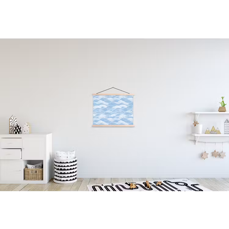 Blauw - Wit - Golven - Getekend textielposter latten blank klein 122 -kinderkamer