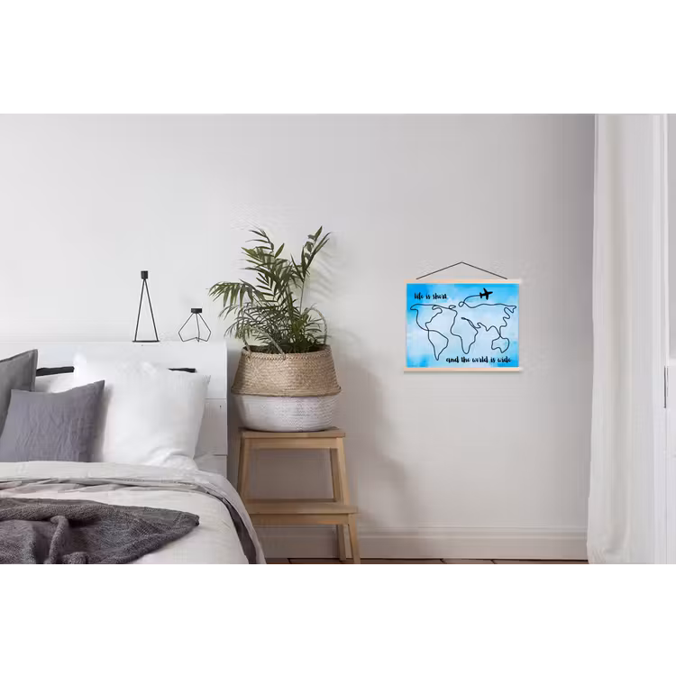 Blauw - Quote - Wereldkaart textielposter latten blank klein -woonkamer