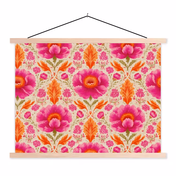 Bloemen - Barok - Roze - Oranje textielposter latten blank klein 122 -3d