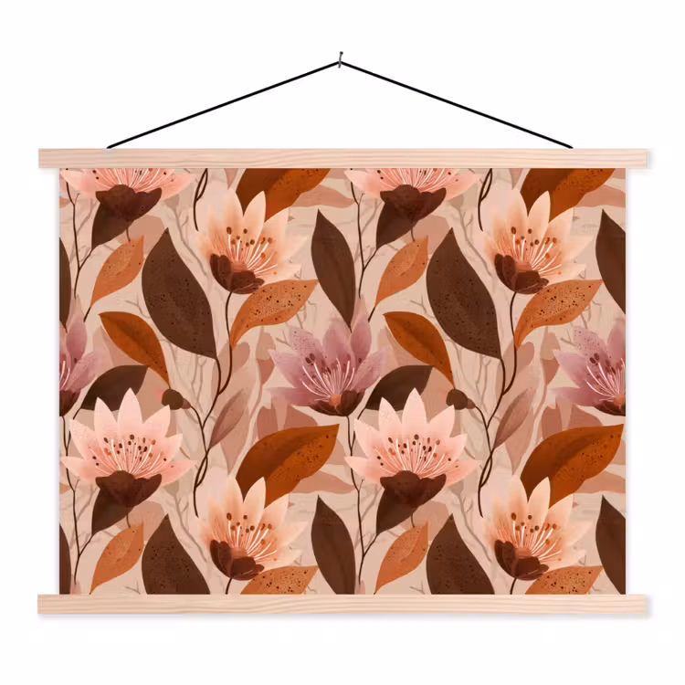 Bloemen - Bladeren - Bruin textielposter latten blank klein 122 -3d