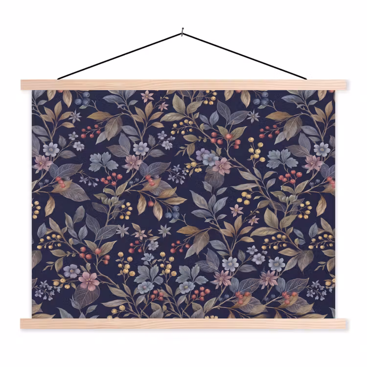 Bloemen - Bladeren - Patroon - Botanisch - Donkerblauw textielposter latten blank klein -3d