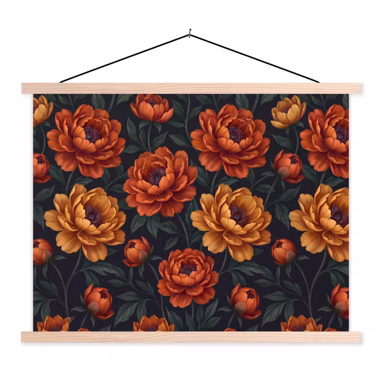 Bloemen - Bladeren - Natuur - Modern - Oranje textielposter latten blank klein -3d
