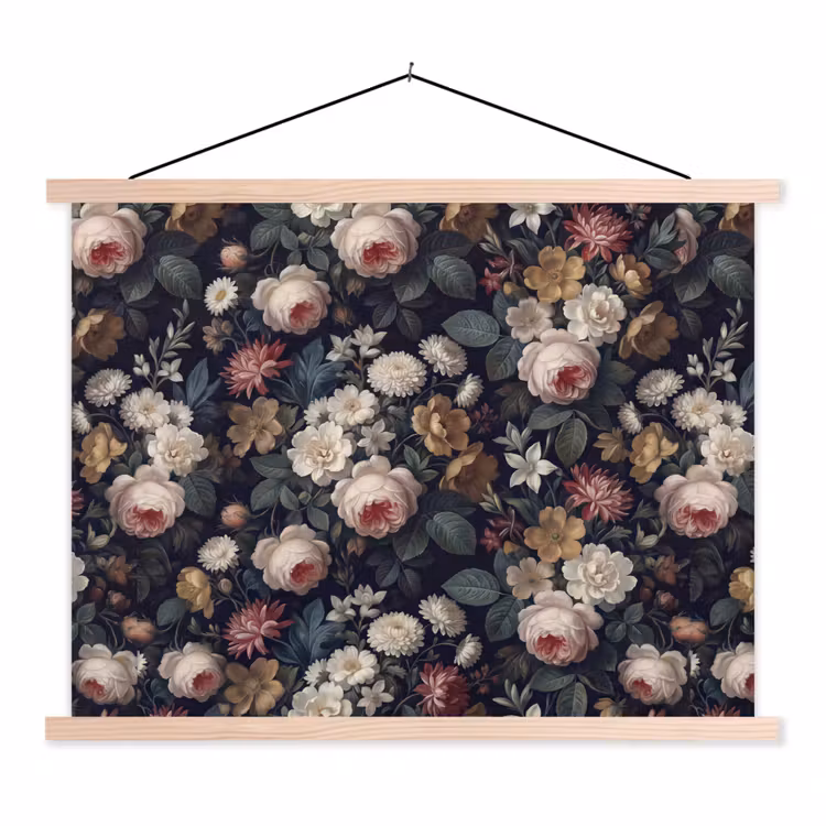 Bloemen - Boeket - Botanisch - Vintage - Donkere achtergrond textielposter latten blank klein -3d