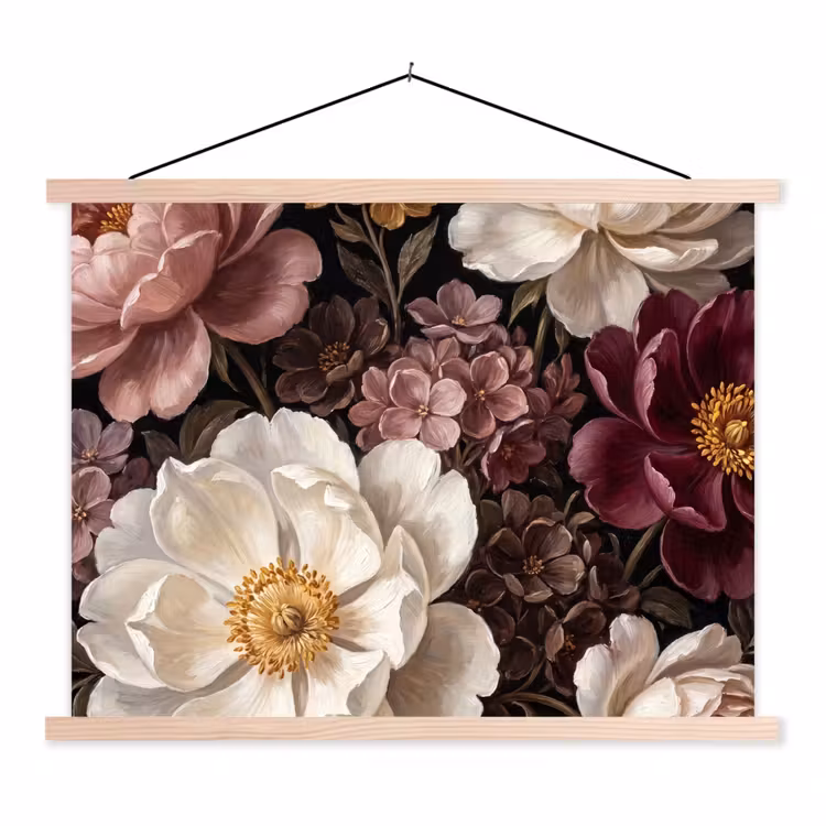 Bloemen - Boeket - Klassiek - Donker - Rood textielposter latten blank klein -3d