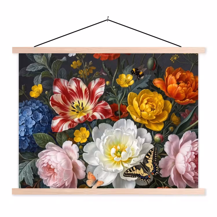 Bloemen - Boeket - Klassiek - Kleurrijk - Natuur textielposter latten blank klein -3d