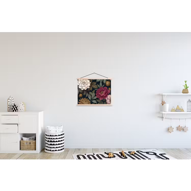 Bloemen - Botanisch - Illustratie - Donker - Vintage textielposter latten blank klein -kinderkamer