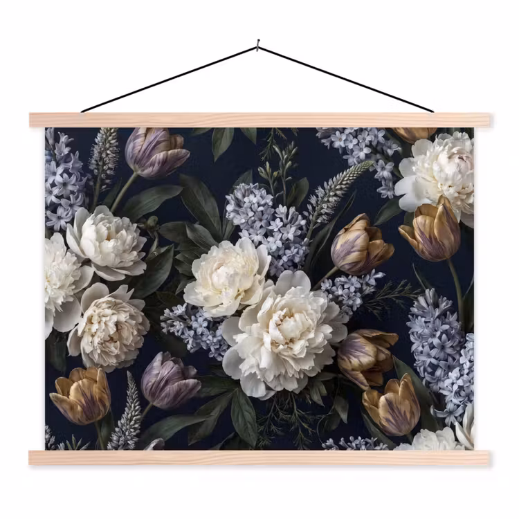 Bloemen - Donker - Elegant - Natuur - Wit textielposter latten blank klein -3d