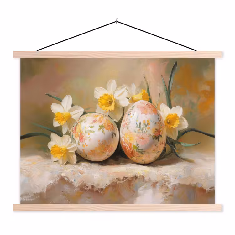 Bloemen - Eieren - Geschilderd textielposter latten blank klein -3d