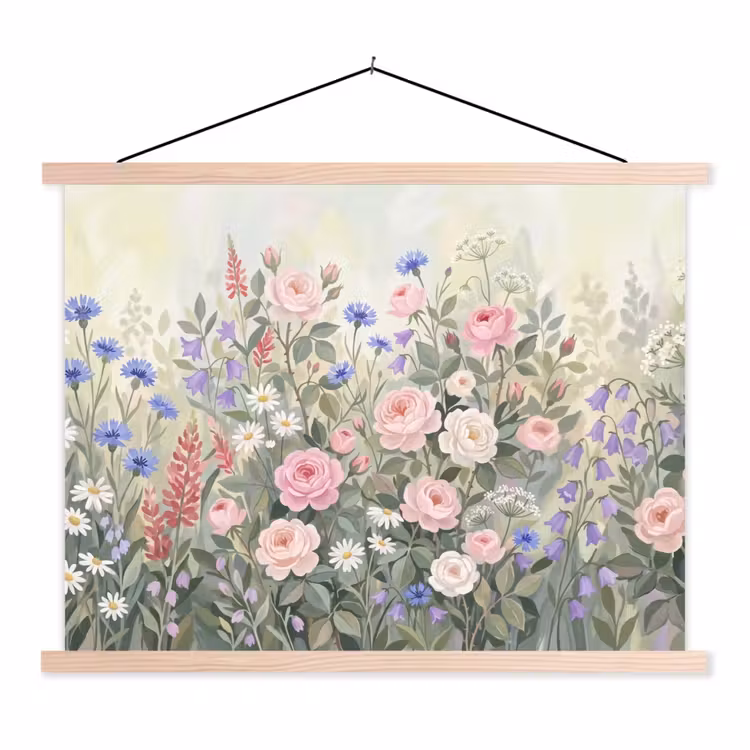 Bloemen - Tuin - Natuur - Kleurrijk textielposter latten blank klein -3d