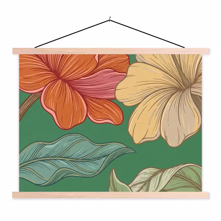 Stoffbild - Blumen – Grün – Illustration - Bloemen - Groen - Illustratie textielposter latten blank klein