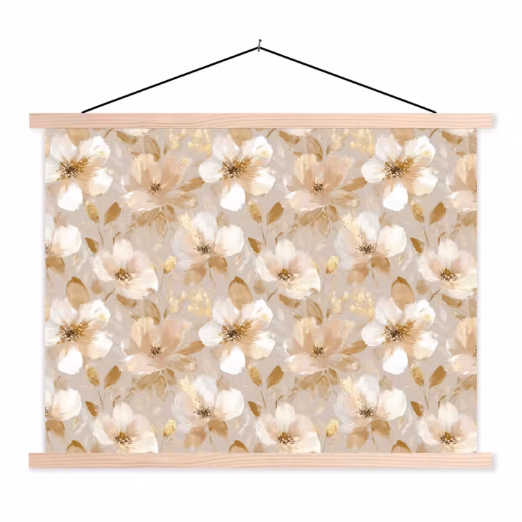 Bloemen - artistiek - Goud textielposter latten blank klein 122 -3d