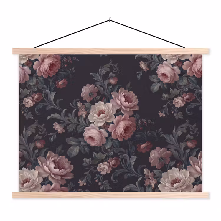 Bloemen - Patroon - Sierlijk - Roze - Donker textielposter latten blank klein -3d